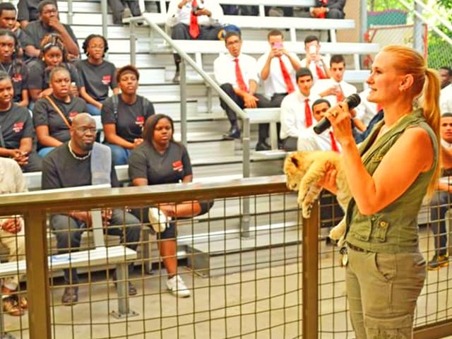 China York educating people about liger cubs.